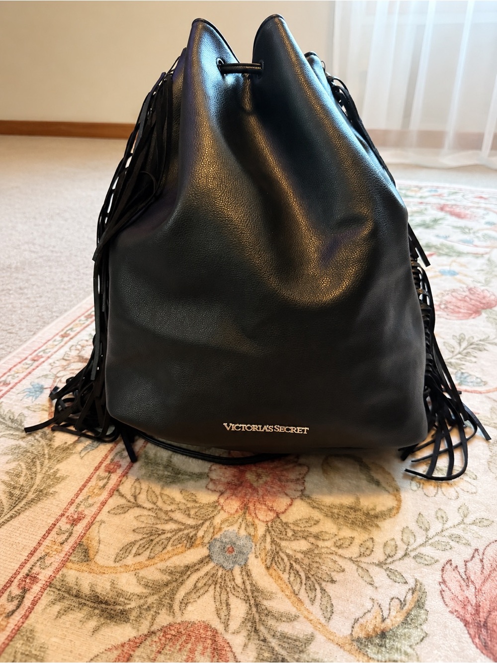 Victoria's Secret Black Fringe Drawstring Backpack NWOT - Picture 1 of 5
